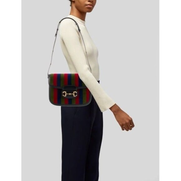 GUCCI Horsebit 1955 Velvet Azalea Calfskin Baiadera Stripe Shoulder Bag in Multi - Picture 3 of 12